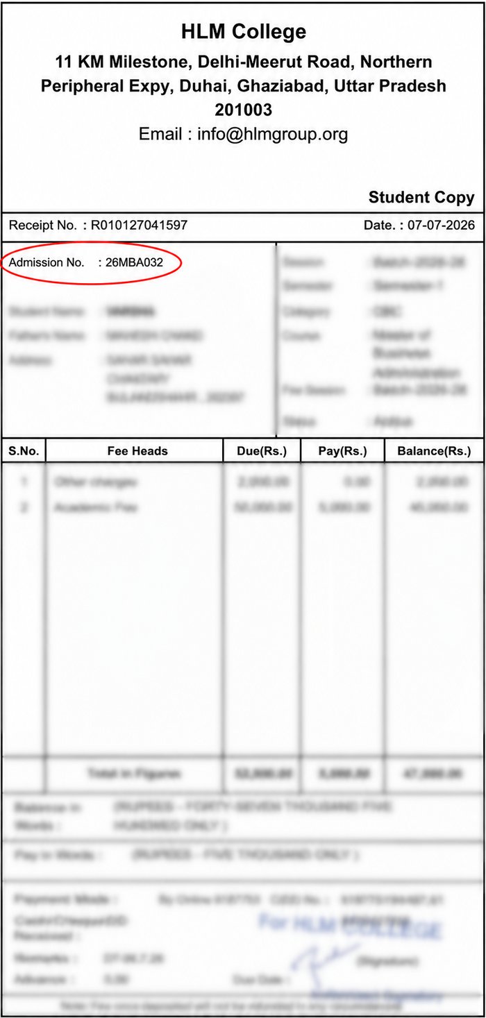 Sample fee slip showing where the Admission No. is printed